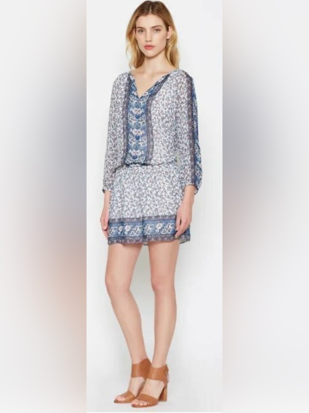 Joie Navy & Pink Floral Border V-Neck Mini Dress